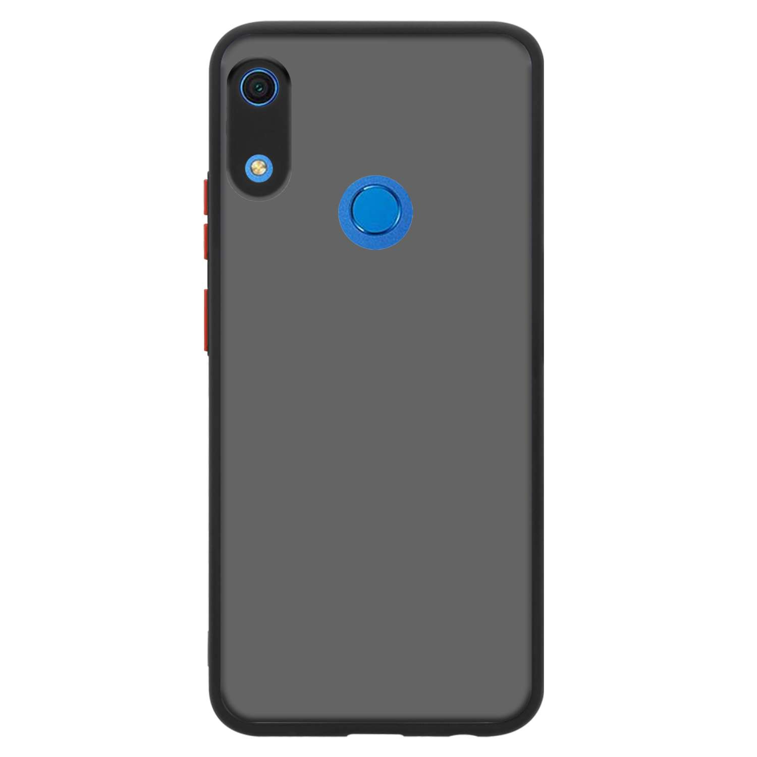 Una custodia per telefono grigio scuro. Ha una fotocamera e dei pulsanti. La custodia è semplice con un design blu.