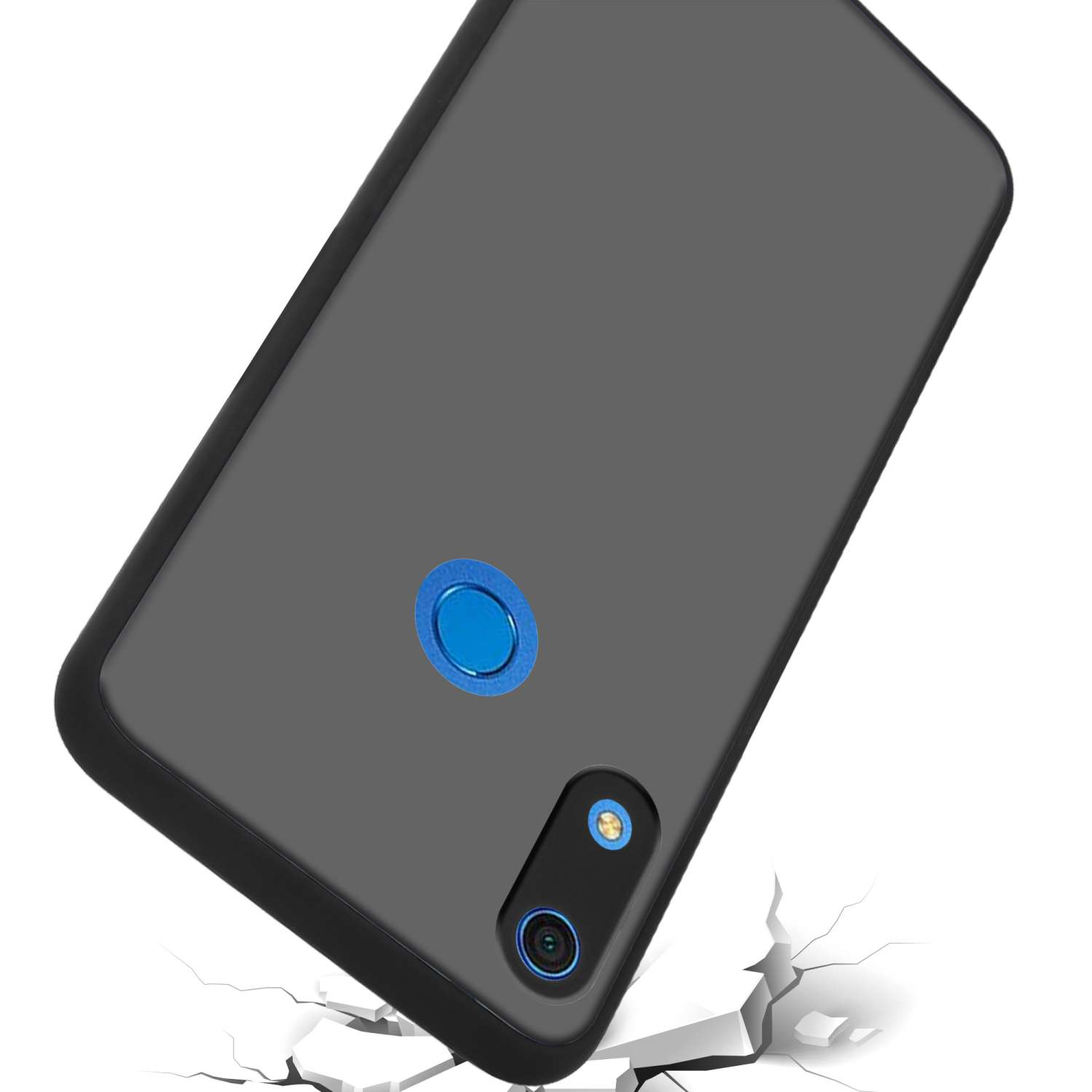 Custodia grigia per telefono con sezione fotocamera nera. La custodia è su una superficie incrinata.