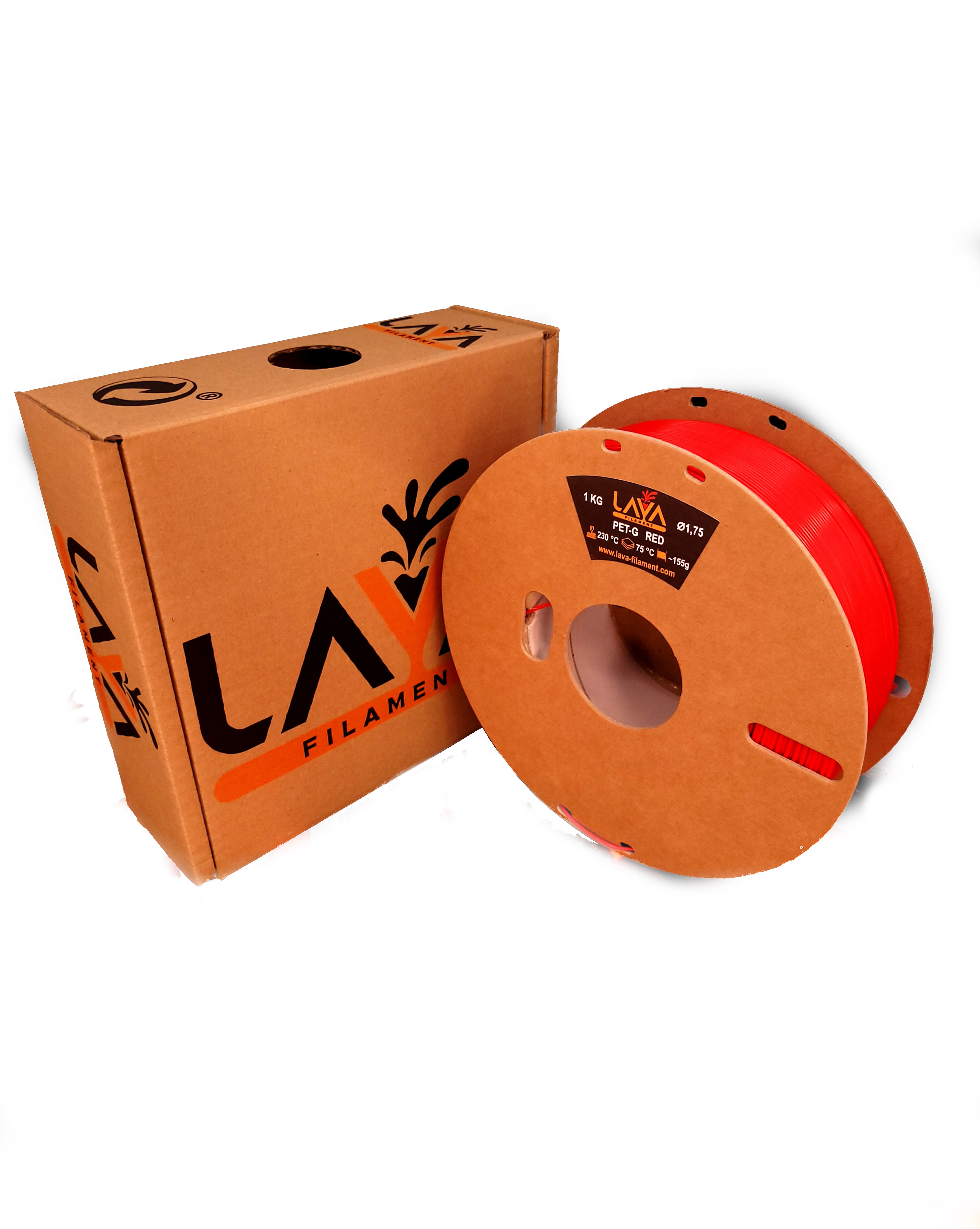Rotes 3D-Druck-Filament auf einer Spule und eine Pappschachtel, mit dem Markenlogo.