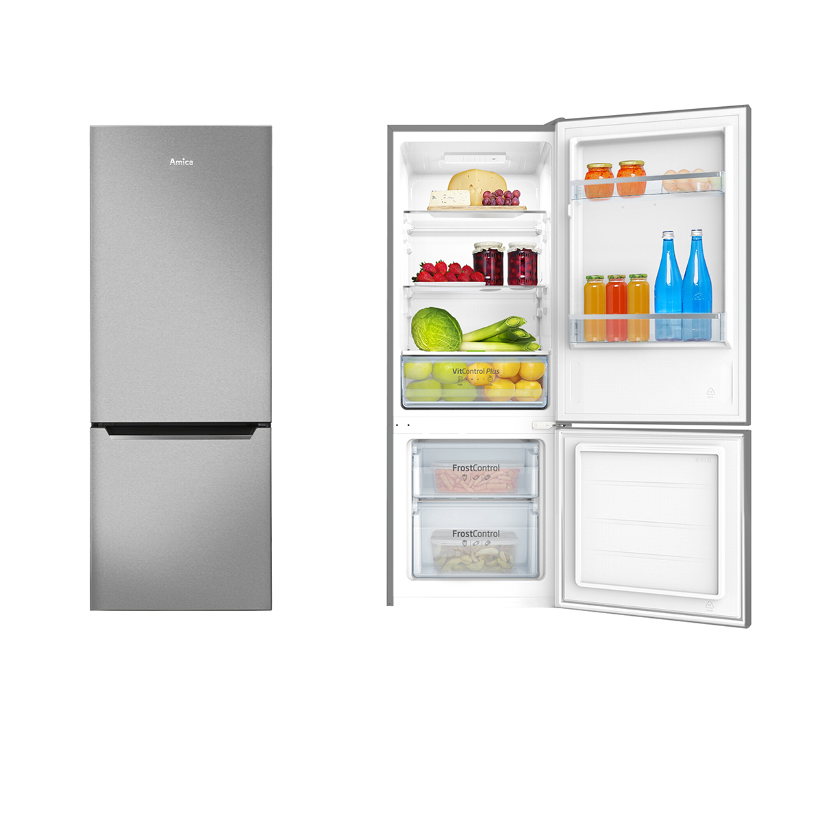 Srebrna lodówka z otwartymi drzwiami ujawniającymi żywność. W środku znajdują się półki, szuflady i produkty spożywcze.