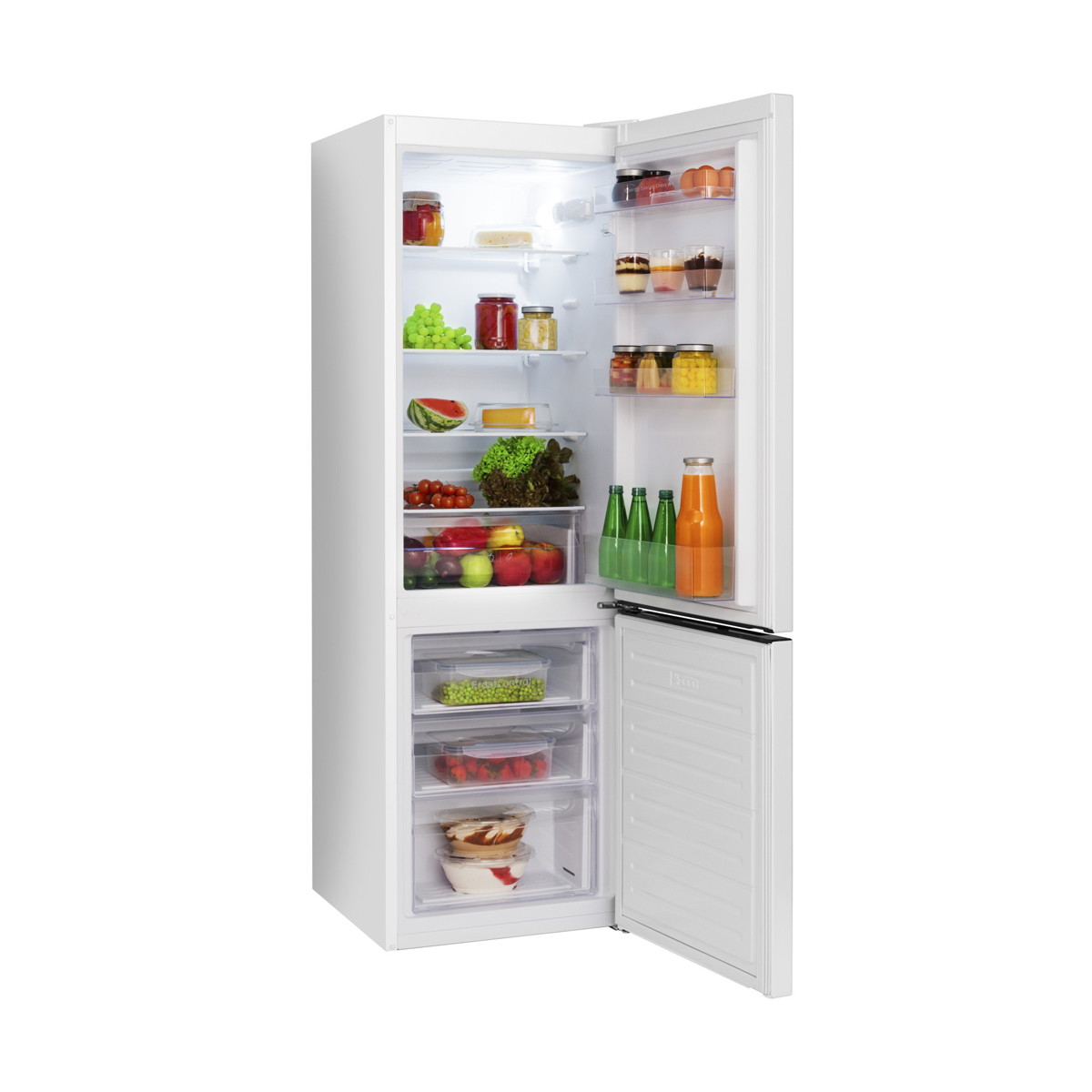 Weißer Kühlschrank mit offenen Türen, gefüllt mit Lebensmitteln. Die Gefriertür ist offen.