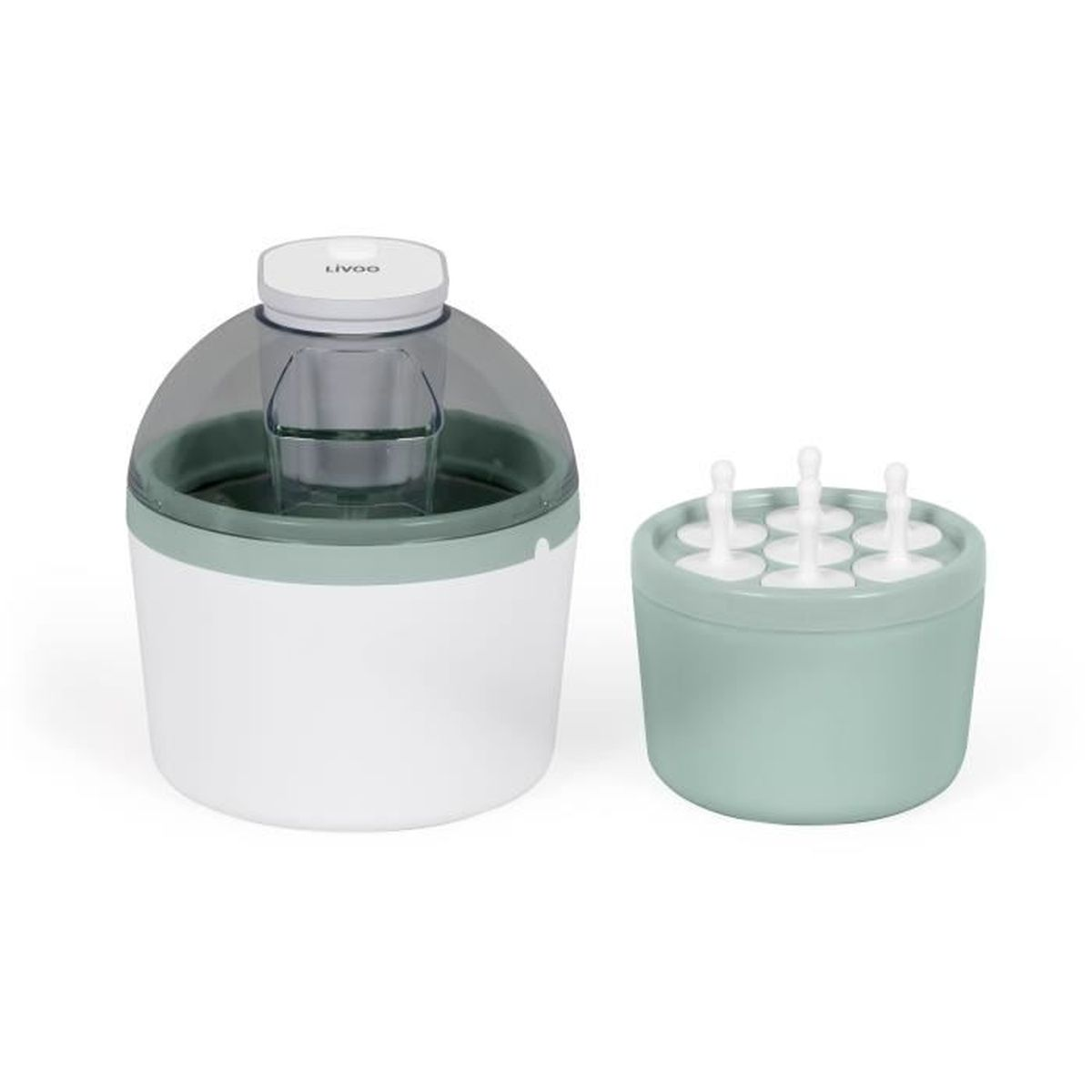 Maszyna do lodów z akcesoriami: maszyna i osobny pojemnik z foremkami do lodów na patyku.