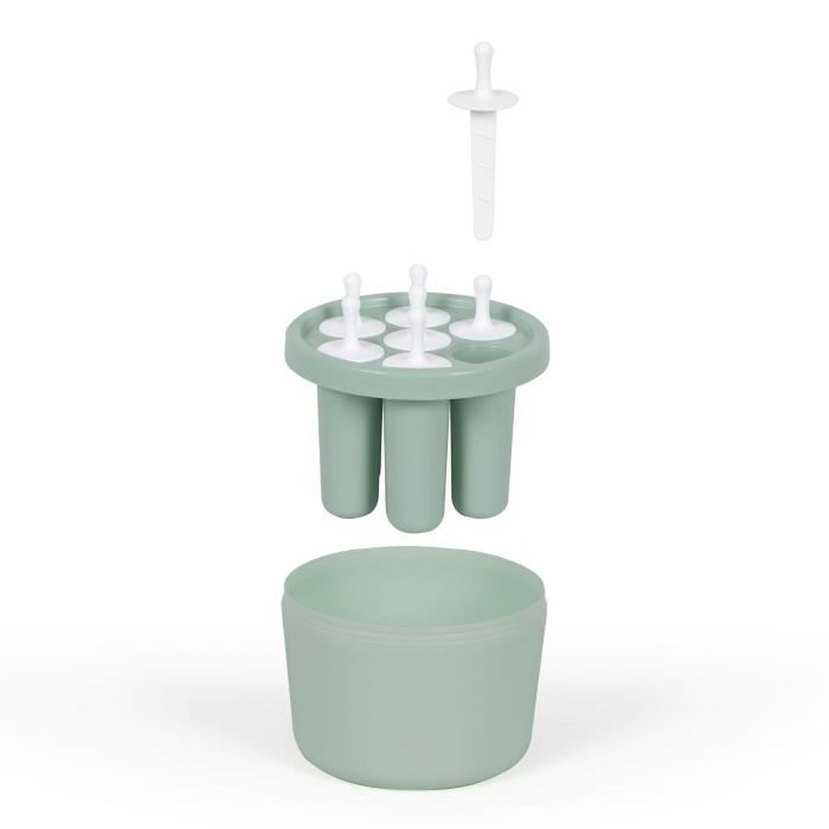 Elementy maszyny do lodów: foremki, podstawa i patyczek do wkładania w foremki.