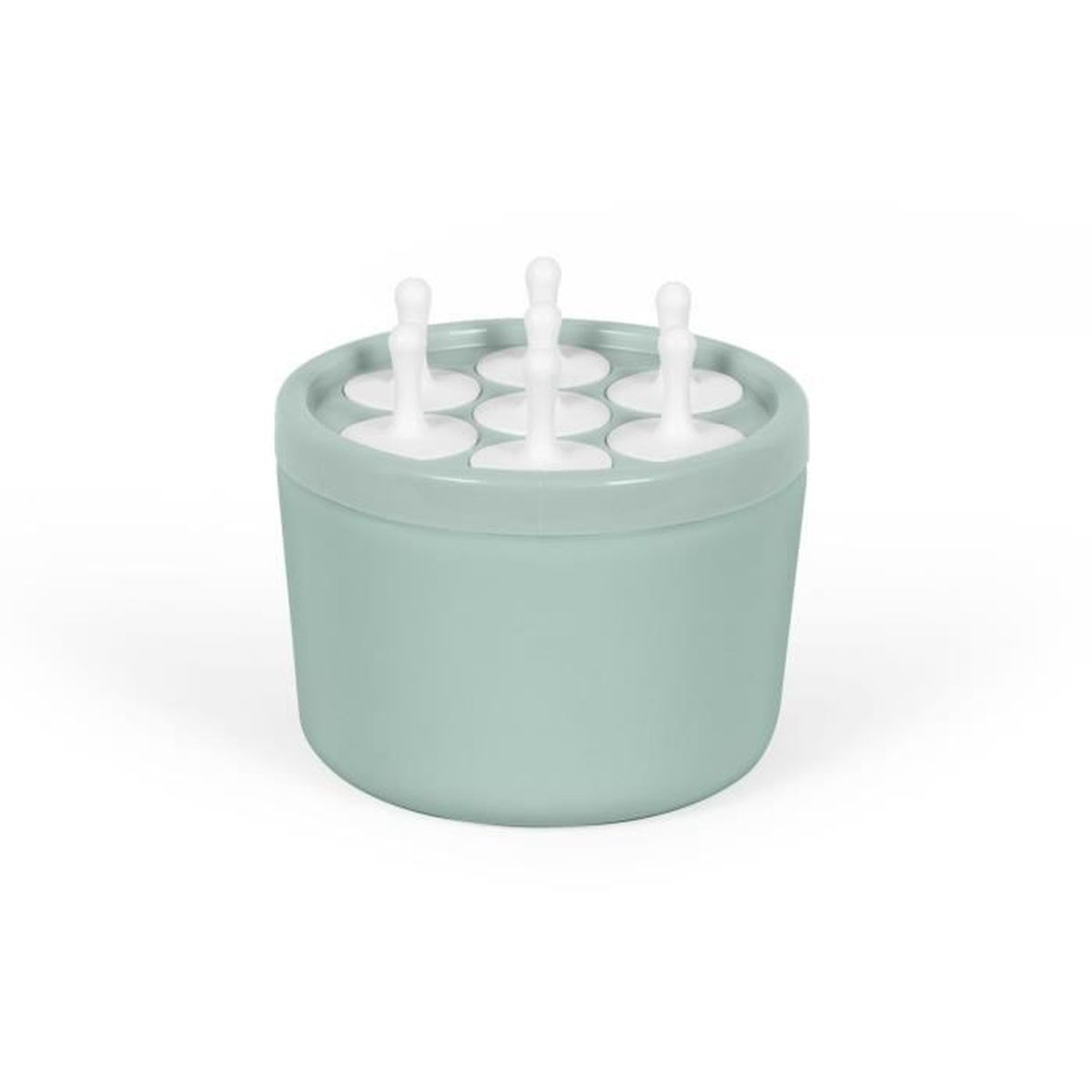 Pojemnik z foremkami do lodów na patyku, z włożonymi patyczkami, jasnozielony kolor.