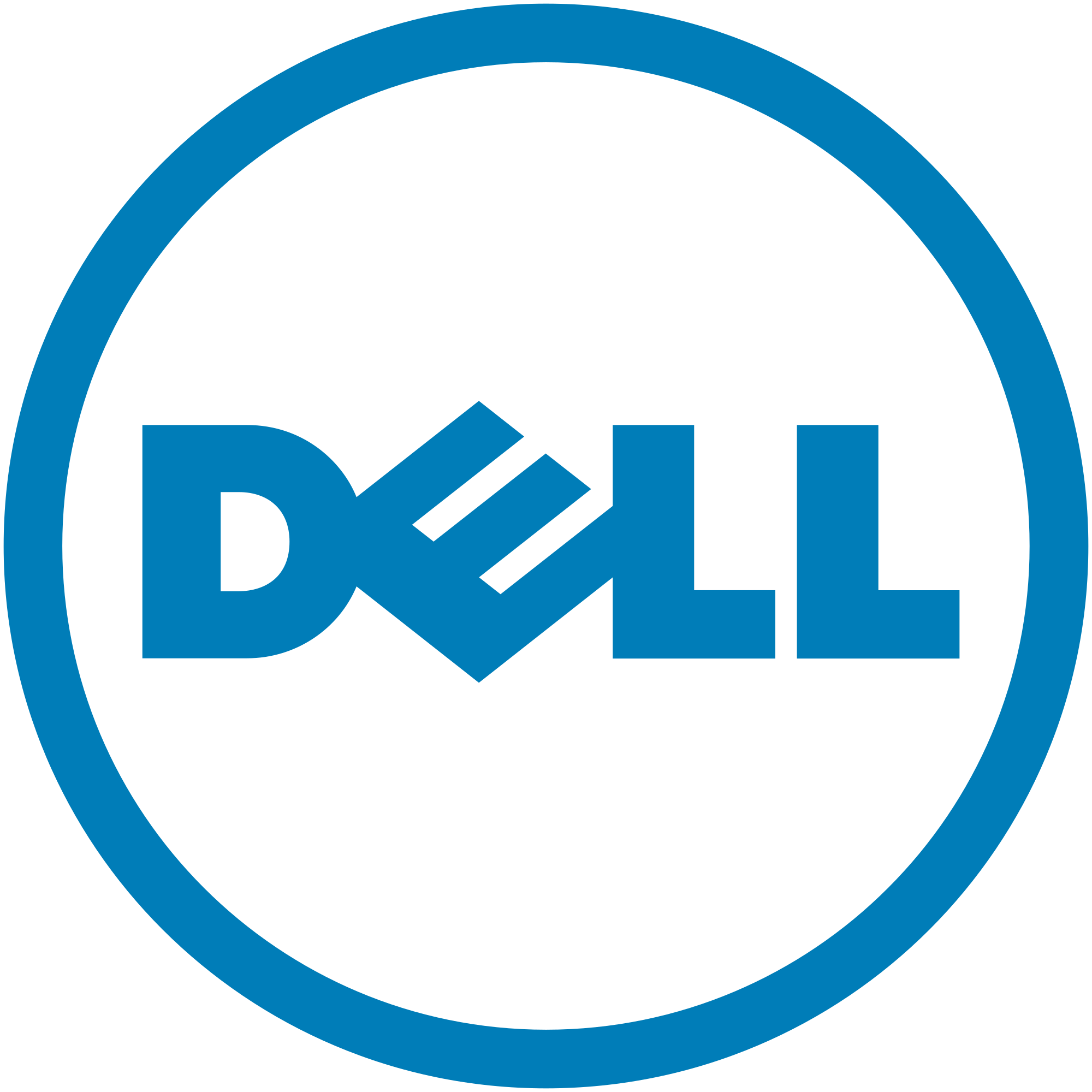 Il logo Dell, un cerchio blu con 'DELL' blu stilizzato all'interno. Sfondo nero.