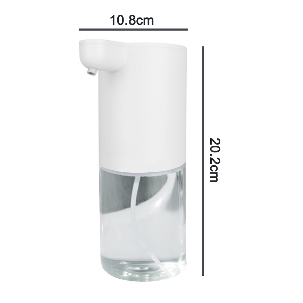 Weißer, automatischer Seifenspender mit transparentem Flüssigkeitsbehälter. Maße: 10,8 cm x 20,2 cm.