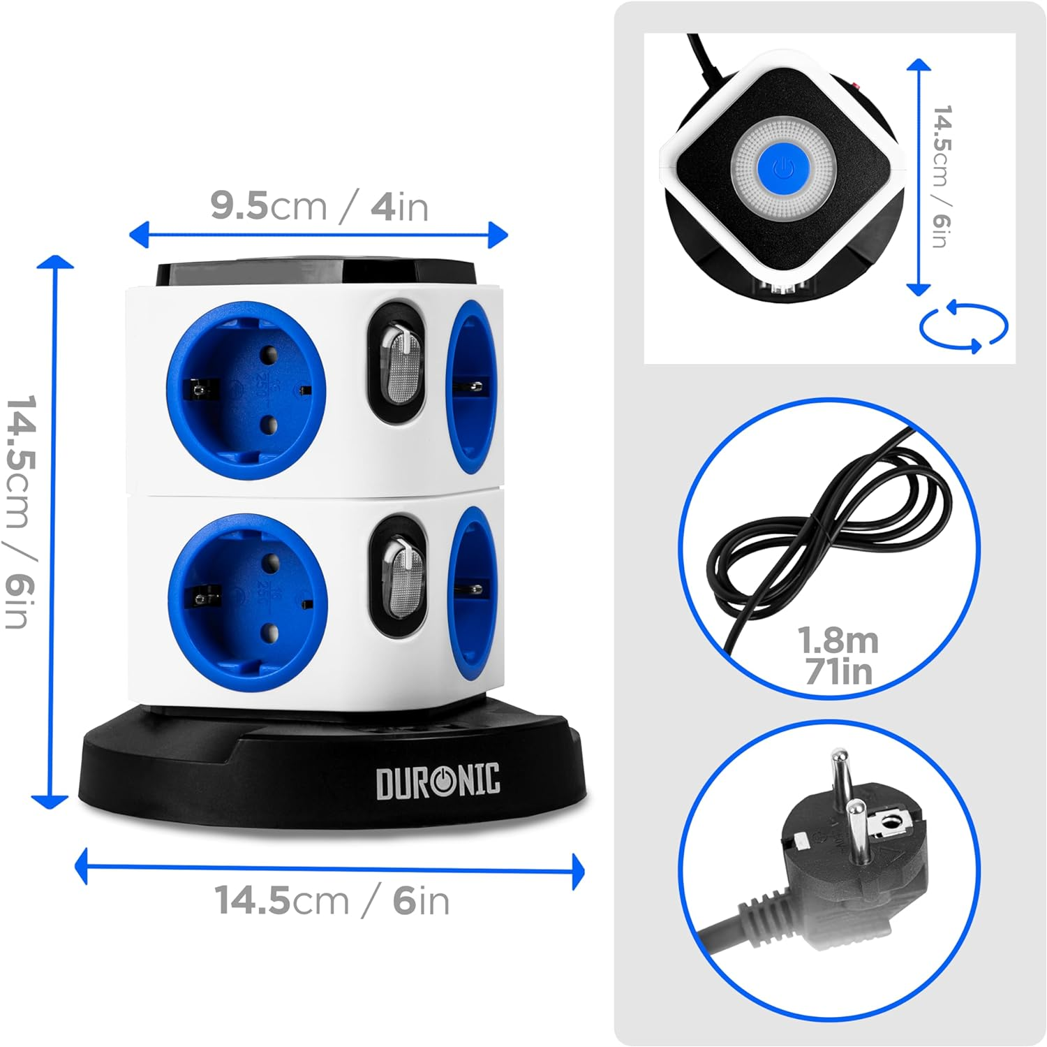 Regleta blanca y azul con dimensiones y detalle del enchufe. Diseño giratorio.