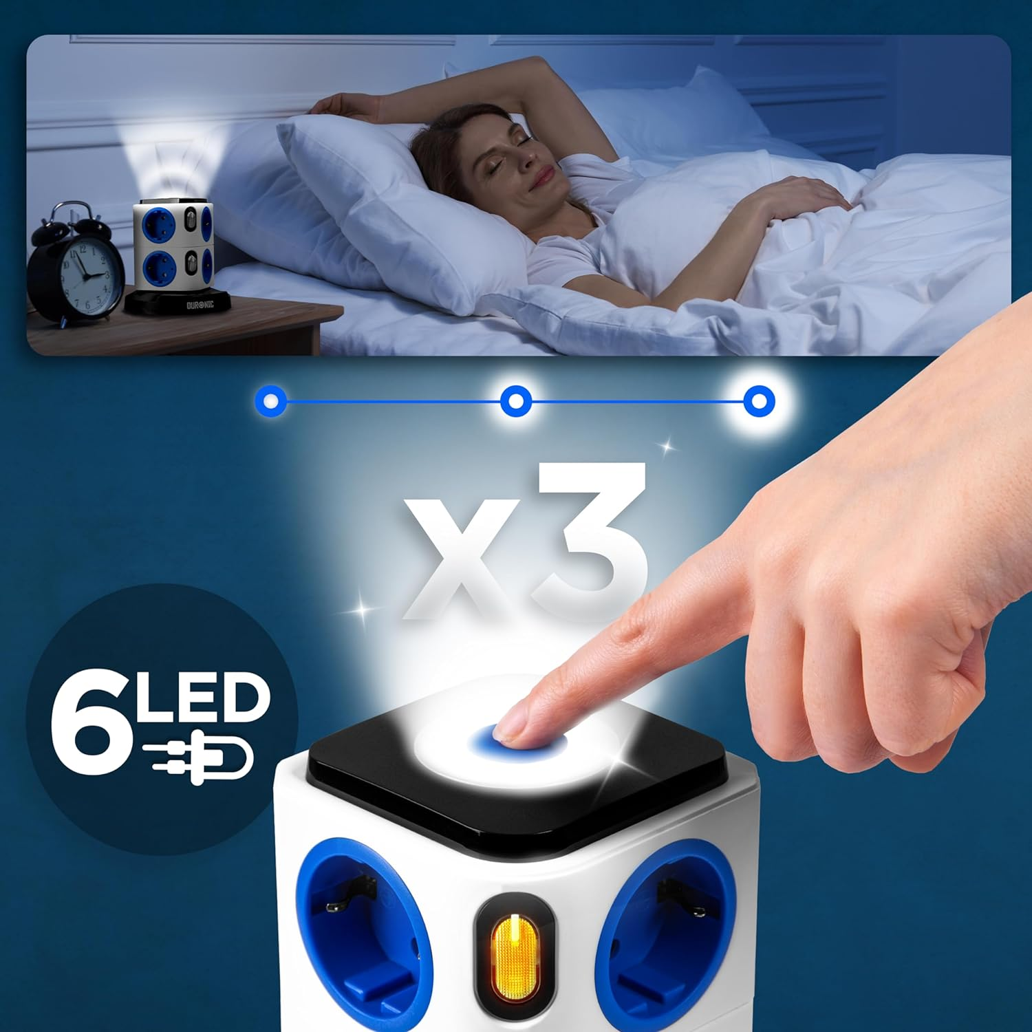 Una persona presiona un botón en un cubo de energía. El cubo tiene 6 luces LED y múltiples enchufes.