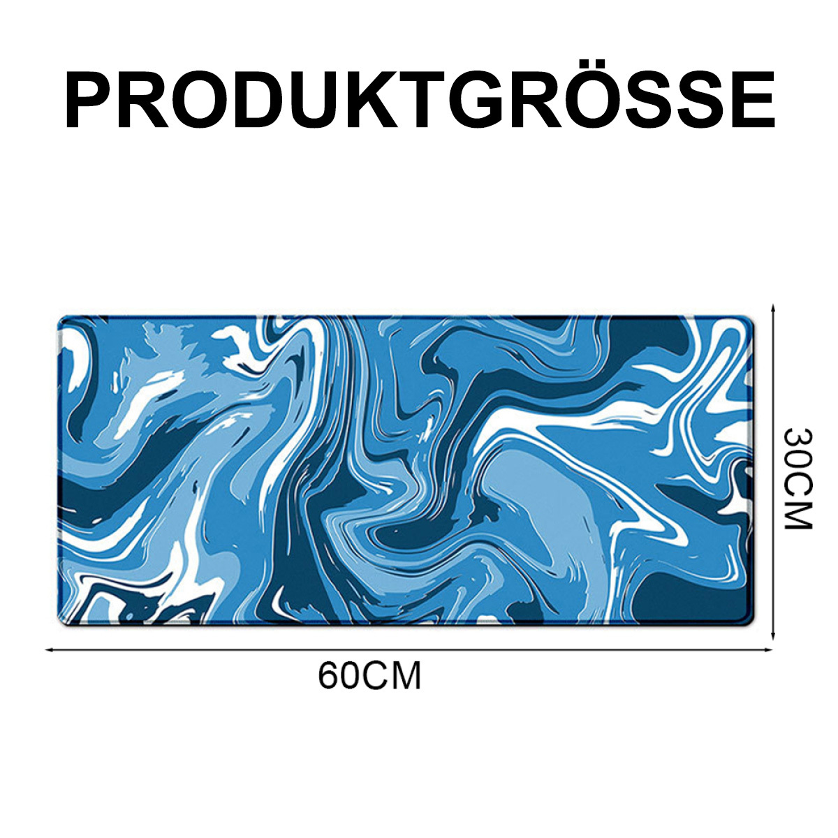 Blaues Mauspad mit Marmormuster. Es ist 60 cm lang und 30 cm breit. Die Worte "Produktgrosse" stehen oben.