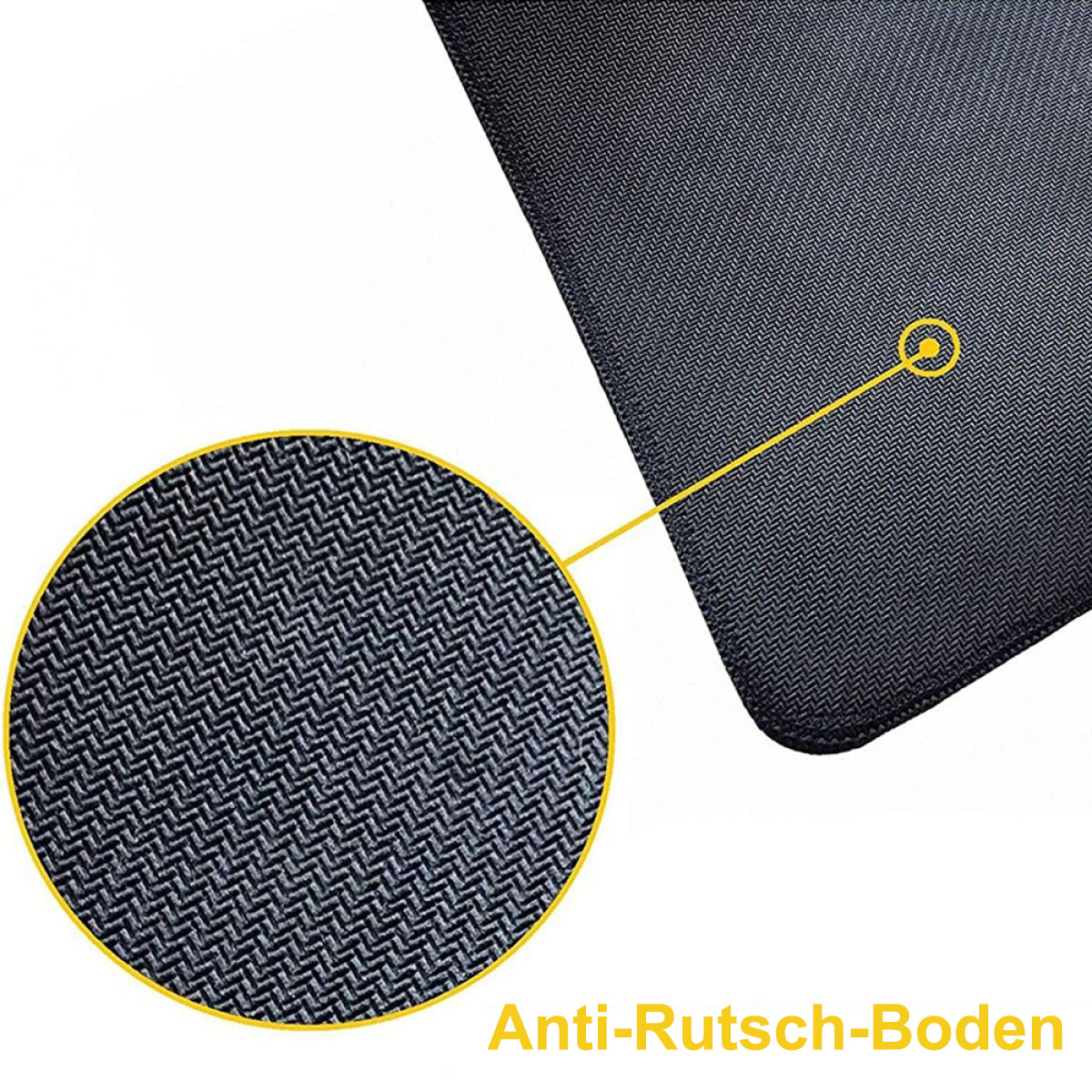 Nahaufnahme eines schwarzen Mauspads mit strukturierter Oberfläche. Text: Anti-Rutsch-Boden.
