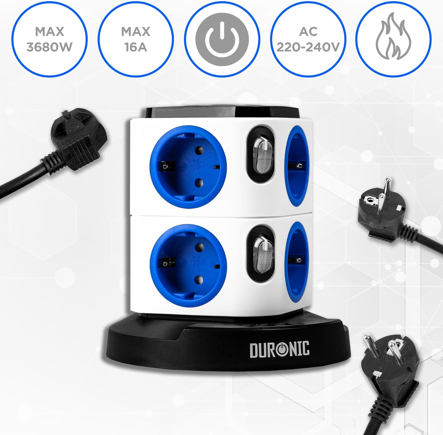 Regleta blanca y azul. Conectada. Max 3680W, 16A. Iconos de energía y llama.