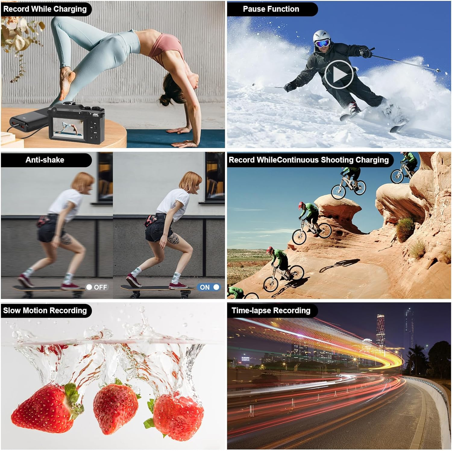 Obrazy pokazują kobietę w pozycji mostu, narciarza, deskorolkarza, rowerzystów, truskawki i światła miasta z etykietami.