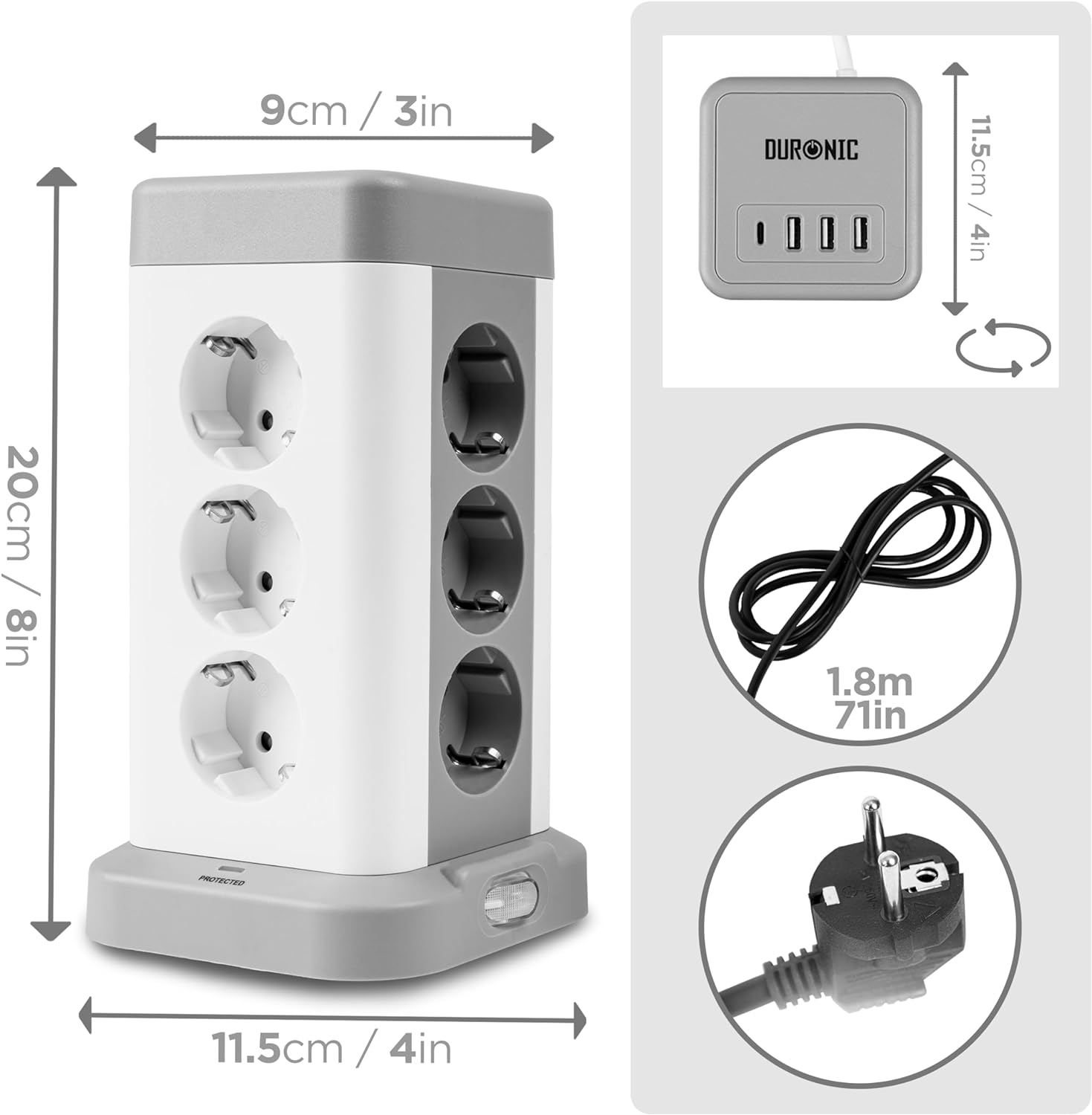 Una regleta blanca y gris con dimensiones y un cargador USB separado.