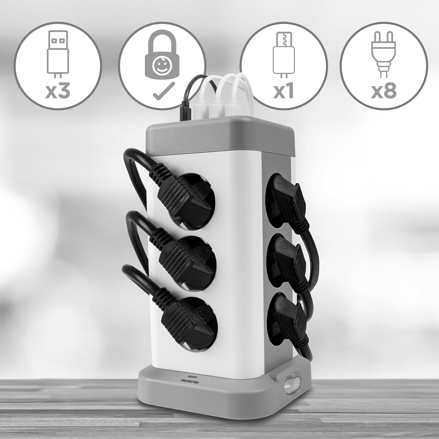 Regleta blanca y gris con múltiples enchufes, USB y un símbolo de candado.