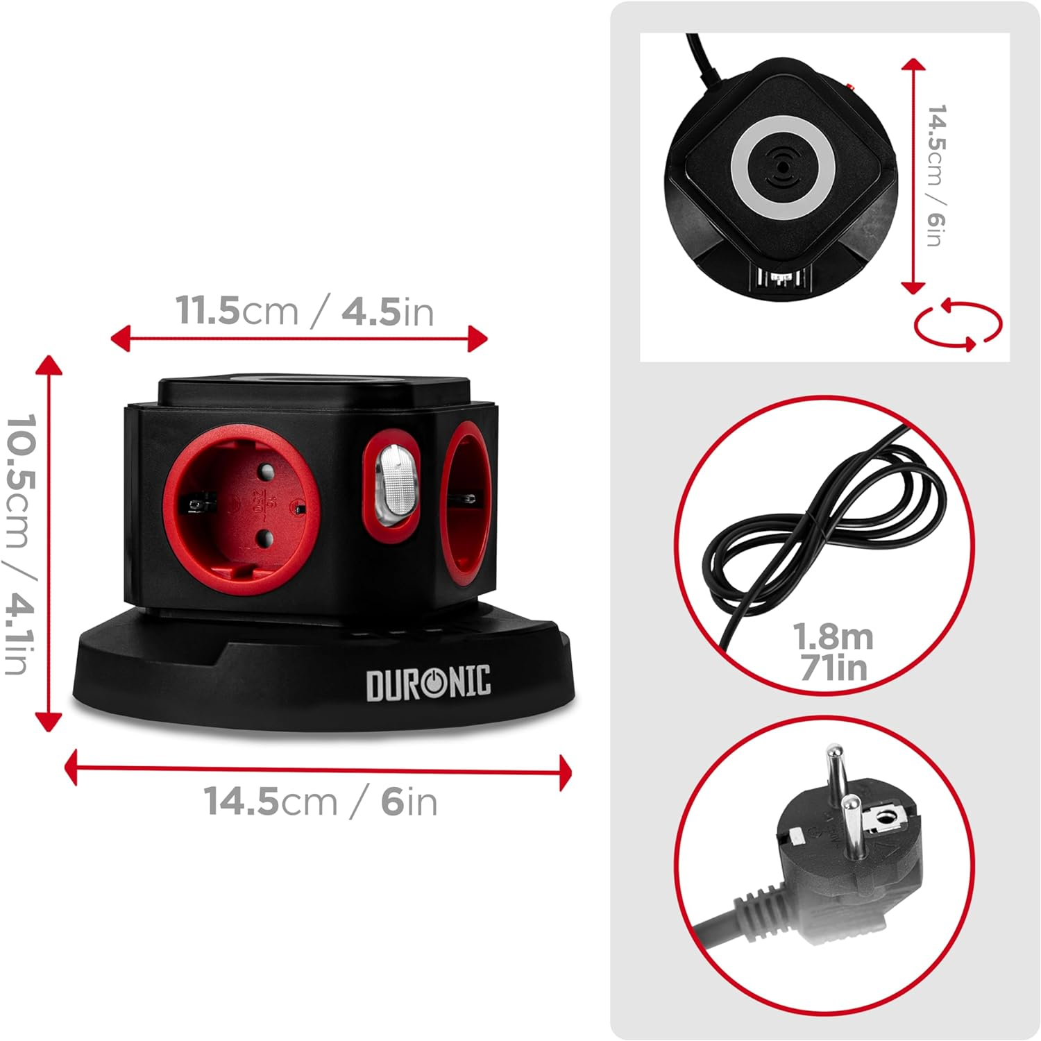 Regleta negra con enchufes rojos y un enchufe, con dimensiones mostradas.