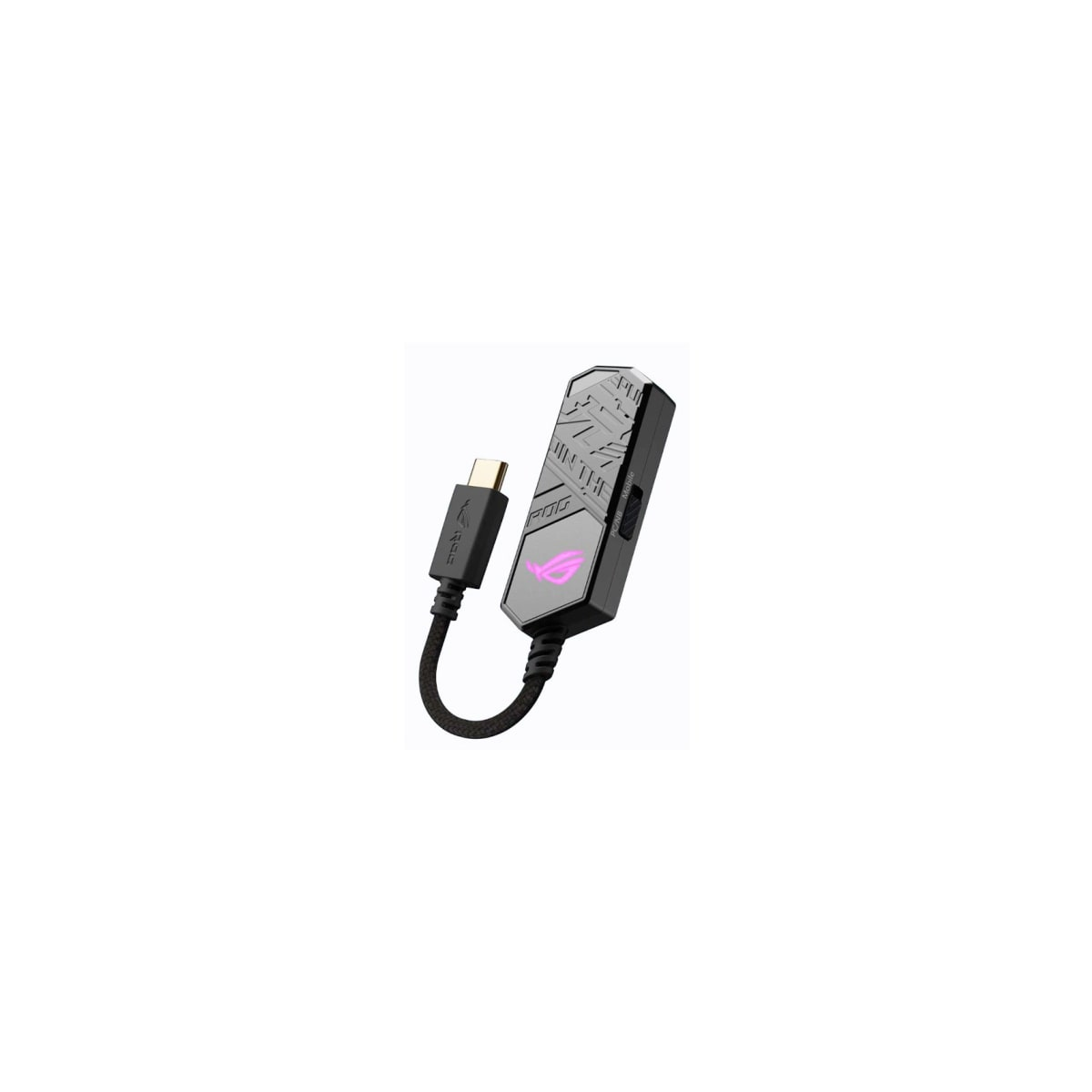 Adattatore audio USB nero e grigio con logo rosa e connettore USB-C.