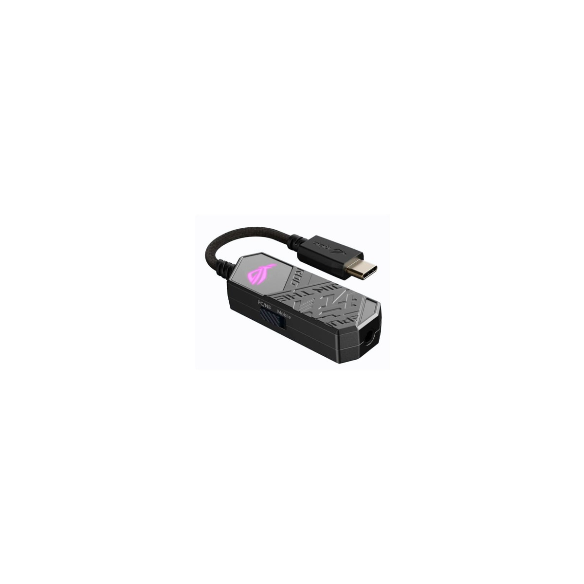 Un adattatore da USB-C a USB nero e grigio. L'adattatore ha un cavo nero e un logo.