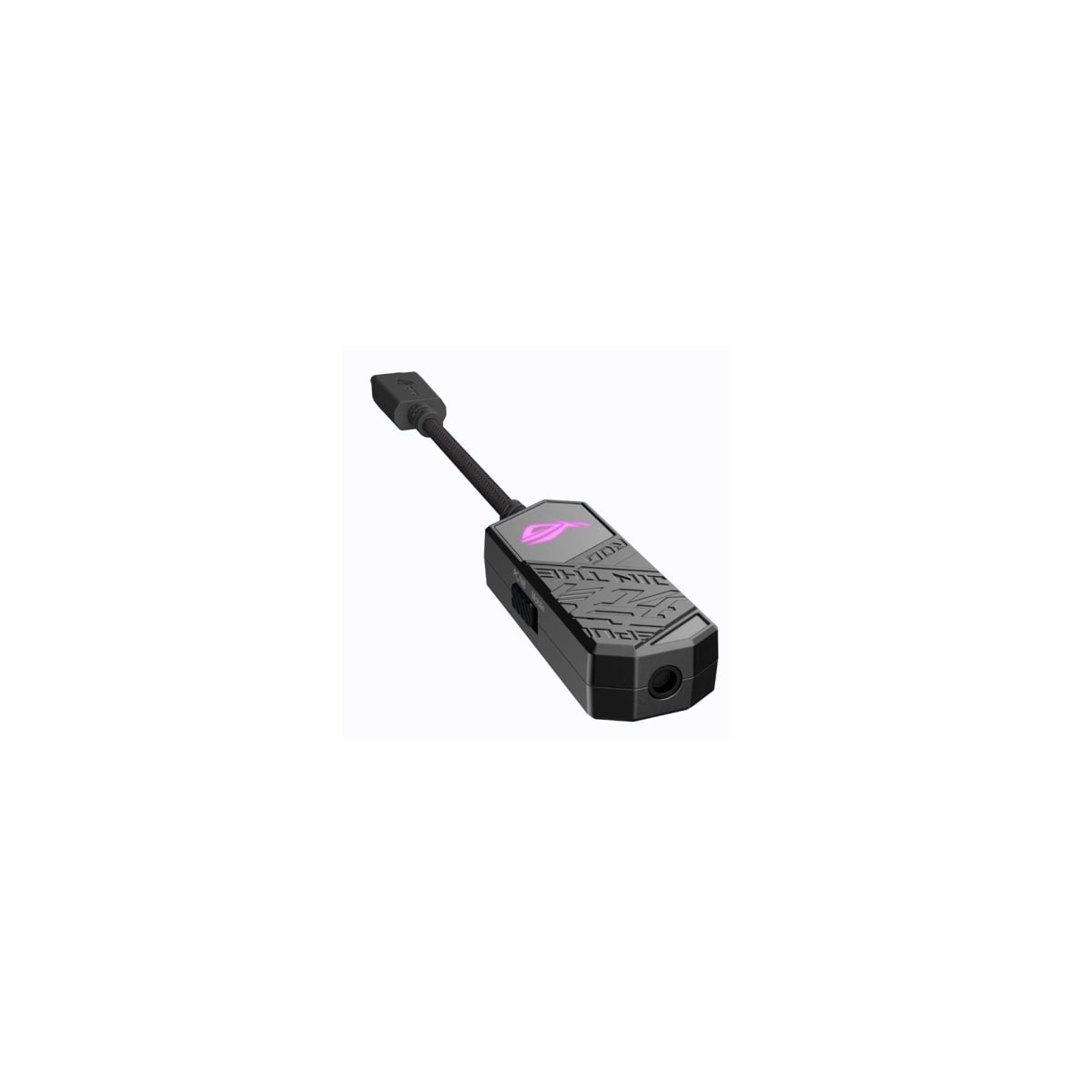 Dispositivo elettronico nero con logo ROG e cavo. Sfondo bianco.