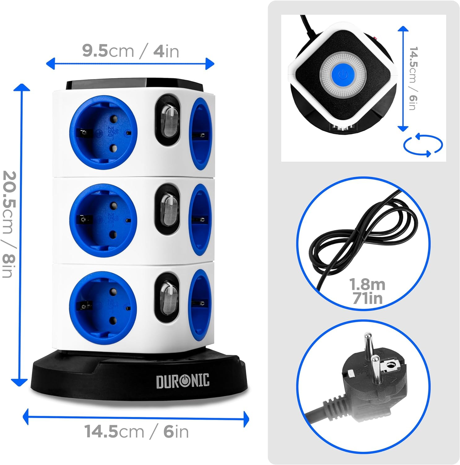 Torre de regleta blanca con enchufes y interruptores azules. Incluye dimensiones y enchufe.