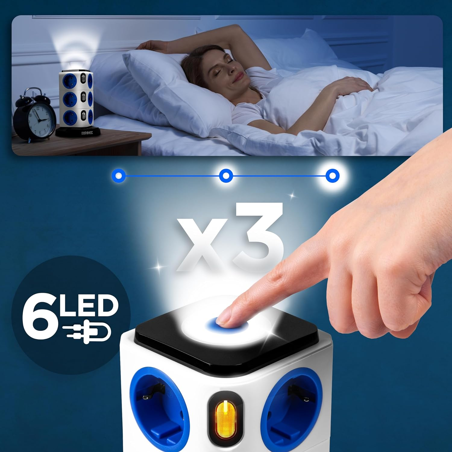 Una mujer durmiendo y una regleta inteligente con luces y botones.