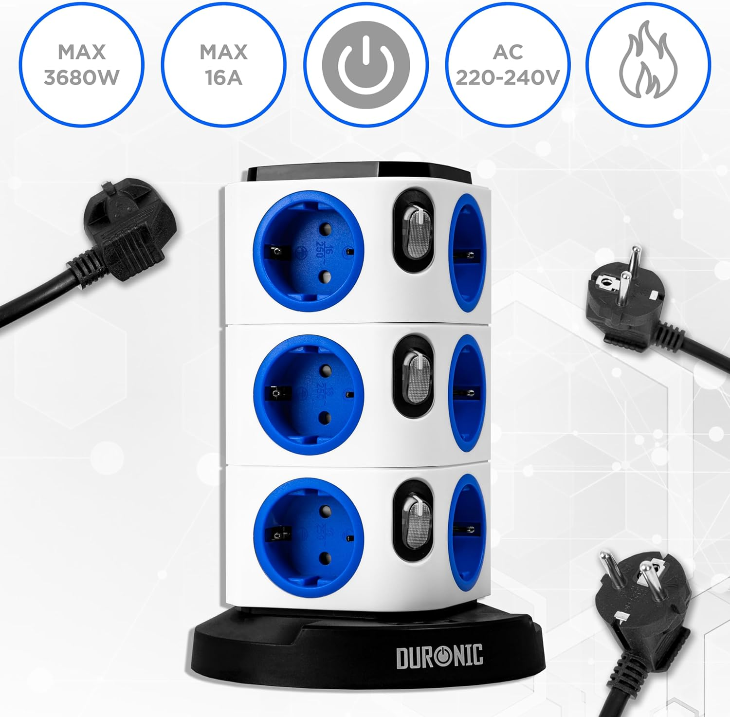 Un enchufe múltiple con tres capas, con varios símbolos eléctricos mostrados.