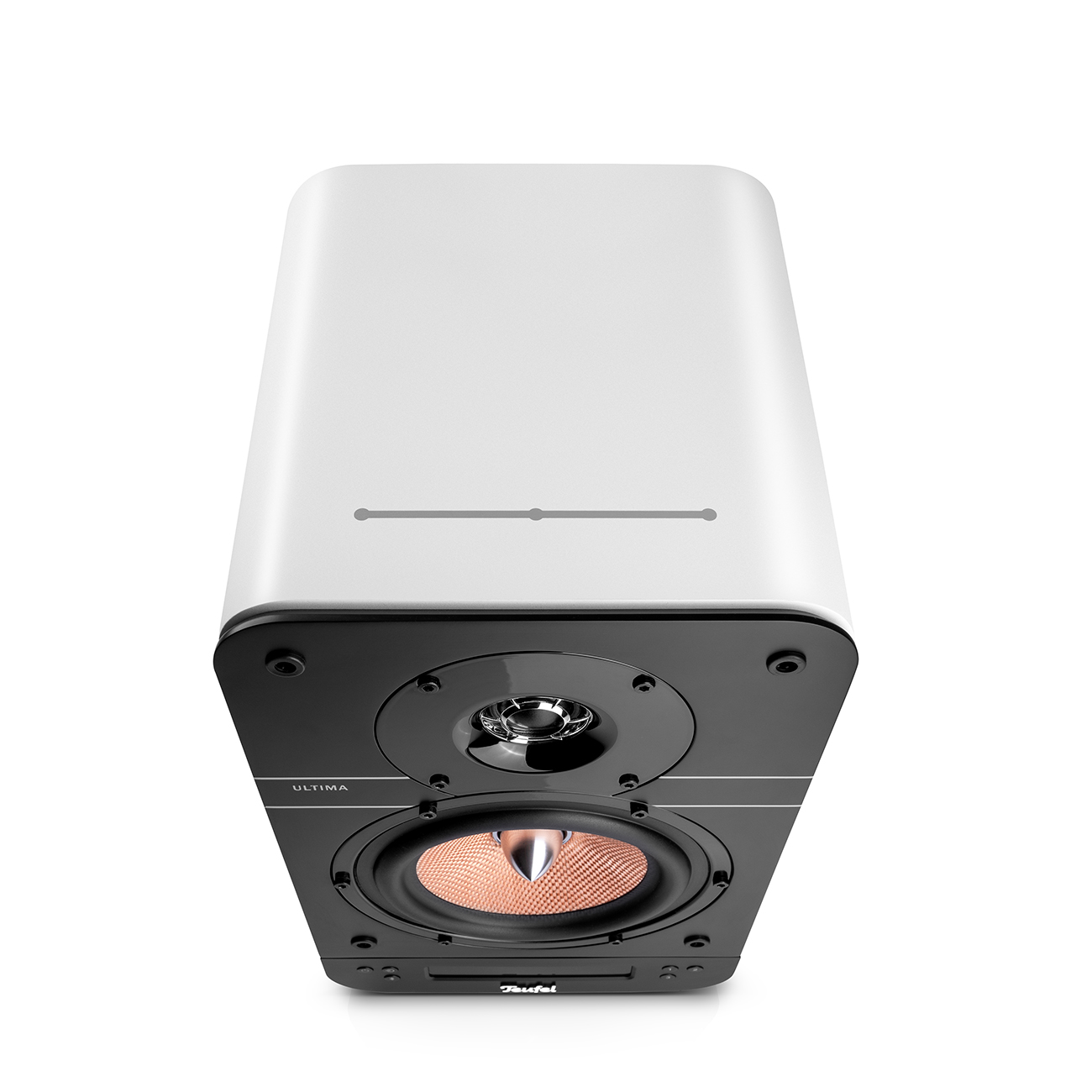 Un haut-parleur noir et blanc. Le haut-parleur a une grille sur le devant.