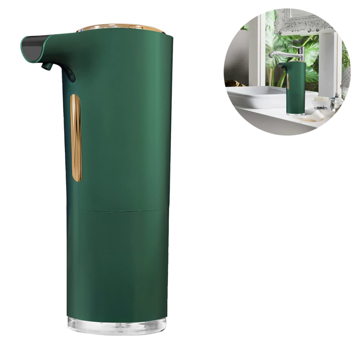 Ein dunkelgrüner automatischer Seifenspender. Er hat einen goldenen Ring und steht vor einem weißen Hintergrund.