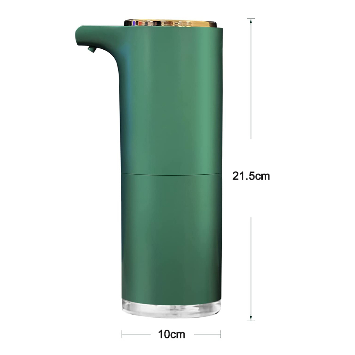 Grüner automatischer Seifenspender. Grüner Körper, weißer Deckel und transparenter Boden. 21,5 cm hoch.