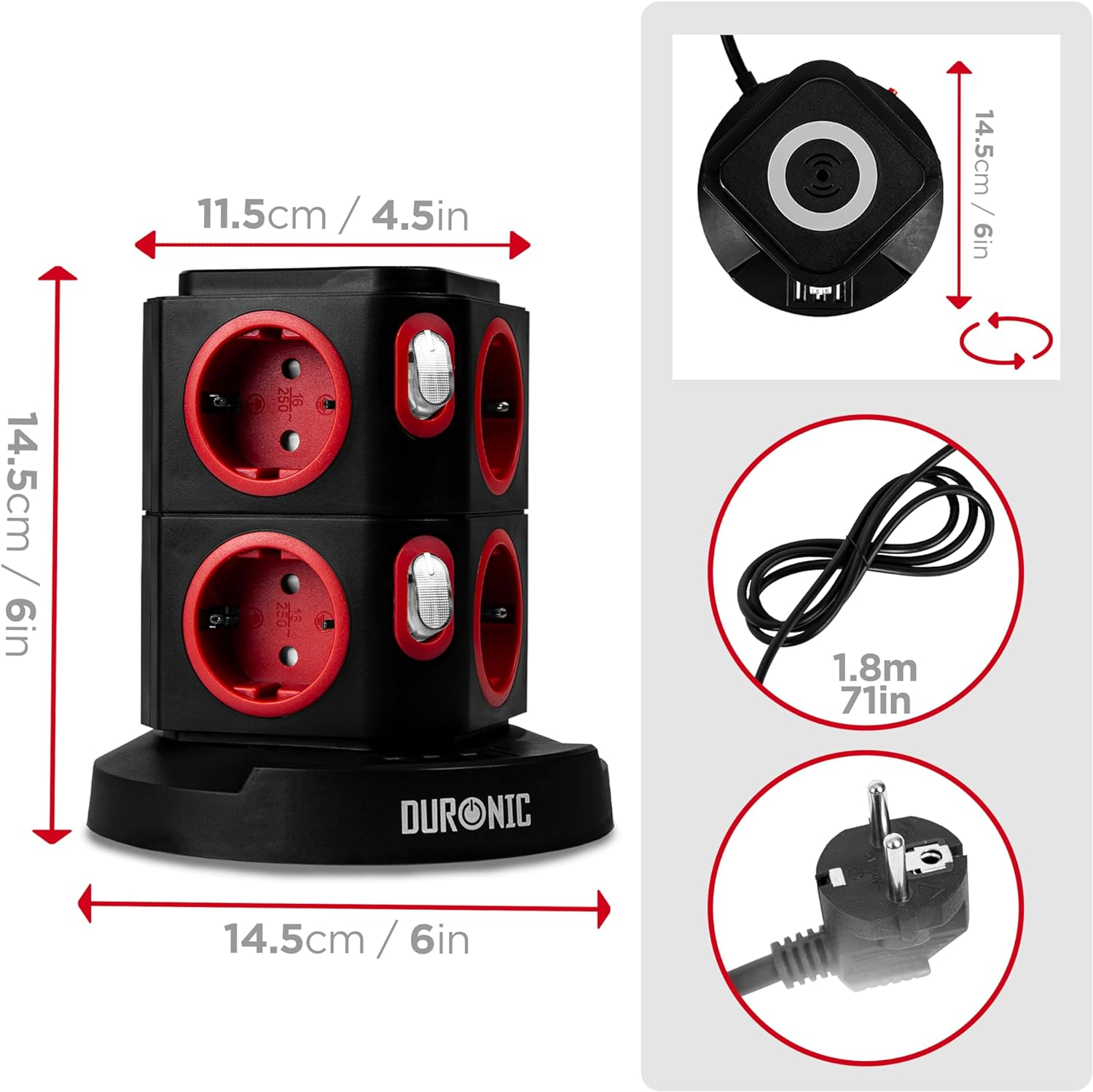 Una regleta negra y roja con múltiples enchufes, dimensiones y un enchufe.