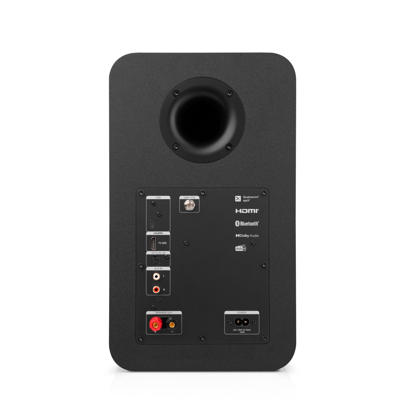 Arrière d'enceinte noire avec ports. Ports USB, HDMI et alimentation visibles. Bluetooth et autres types.
