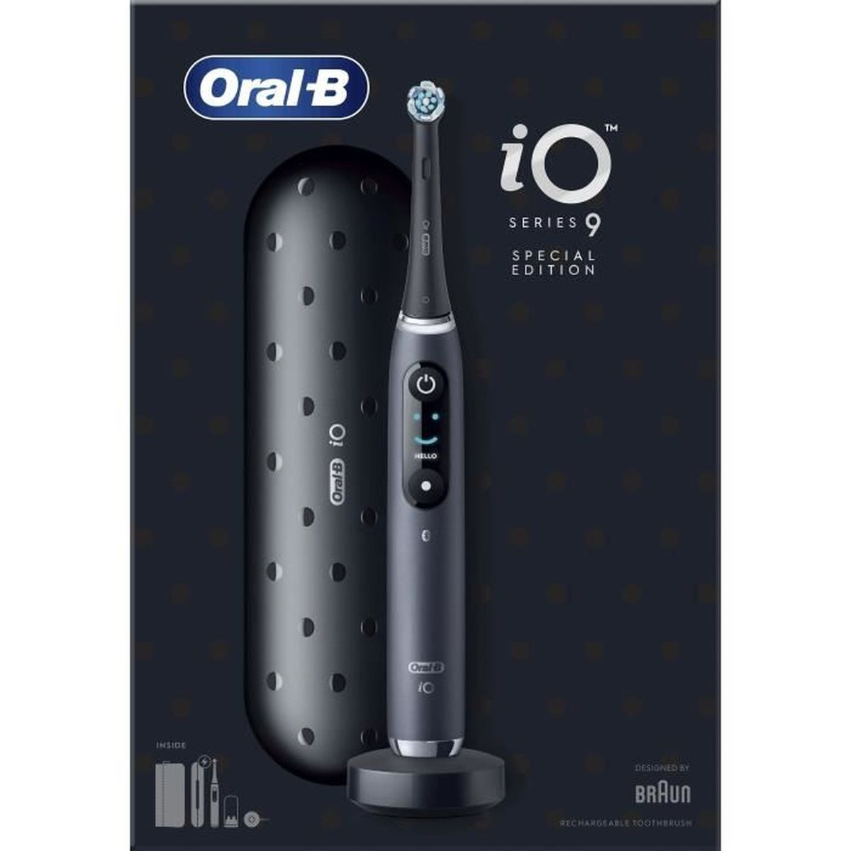 Eine elektrische Zahnbürste Oral-B iO Series 9 in ihrer Box und auf einem Ständer.