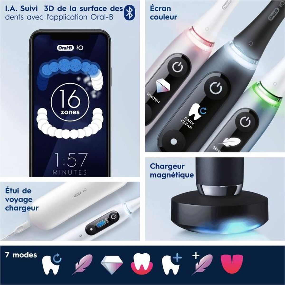 Elektrische Zahnbürsten von Oral-B und Telefon, verschiedene Modi und Informationen werden angezeigt.