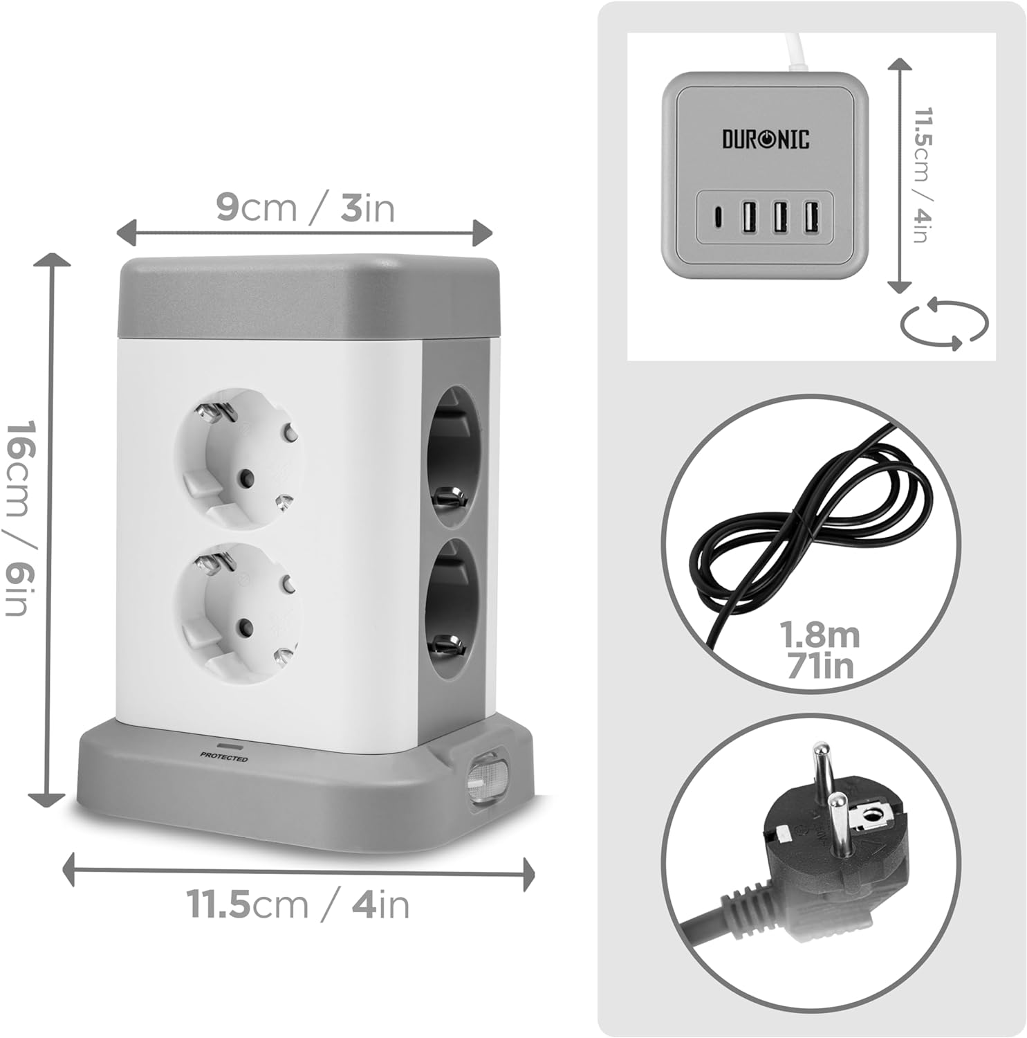 Una regleta blanca y gris con dimensiones y un cargador USB separado.