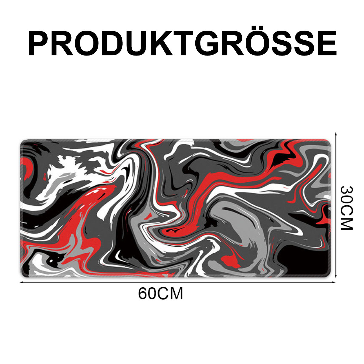 Eine rechteckige Schreibtischunterlage mit Marmormuster in Rot, Grau, Schwarz und Weiß, mit Größenangaben.