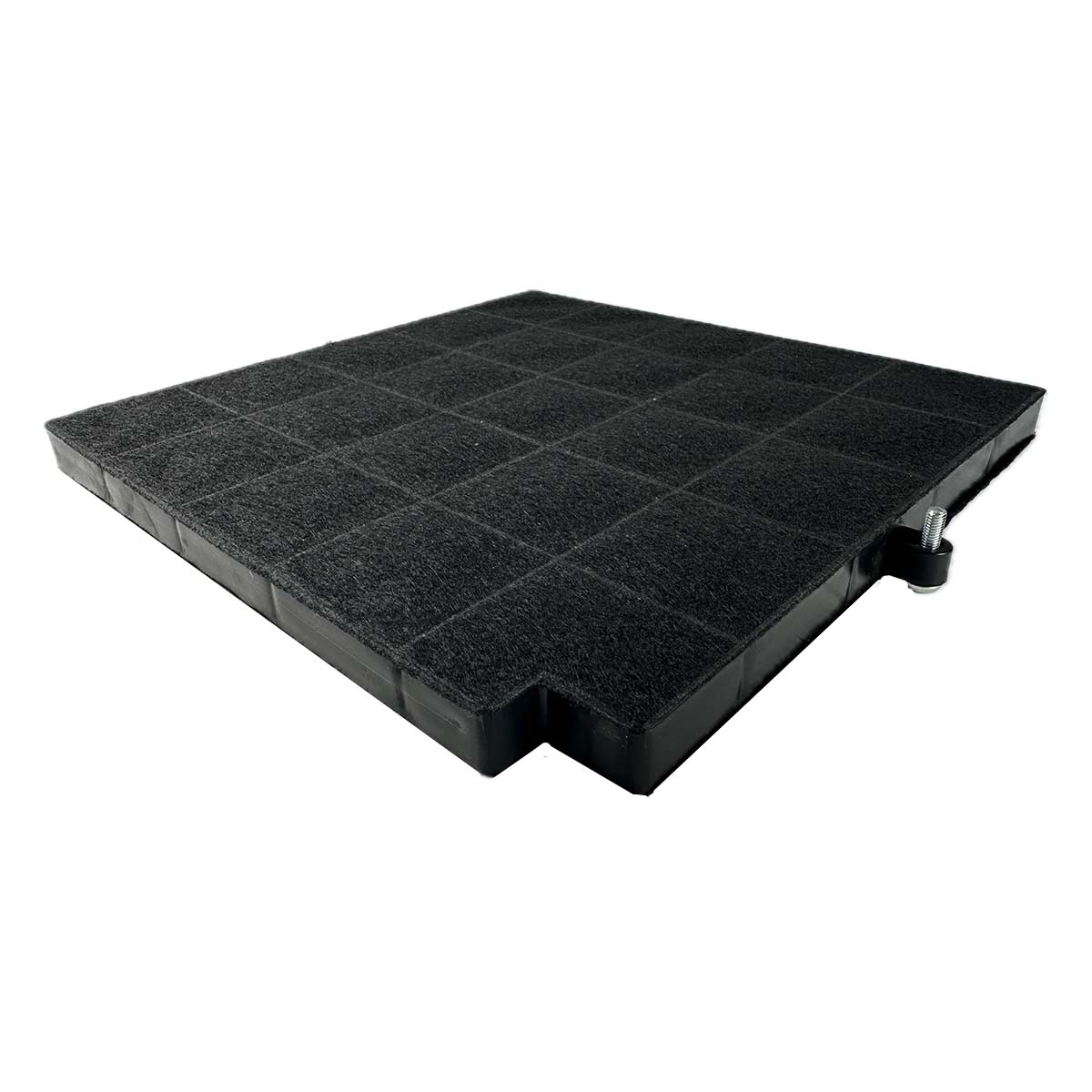 Schwarzer, quadratischer Aktivkohlefilter mit Schraube. Der Filter besteht aus Quadraten.