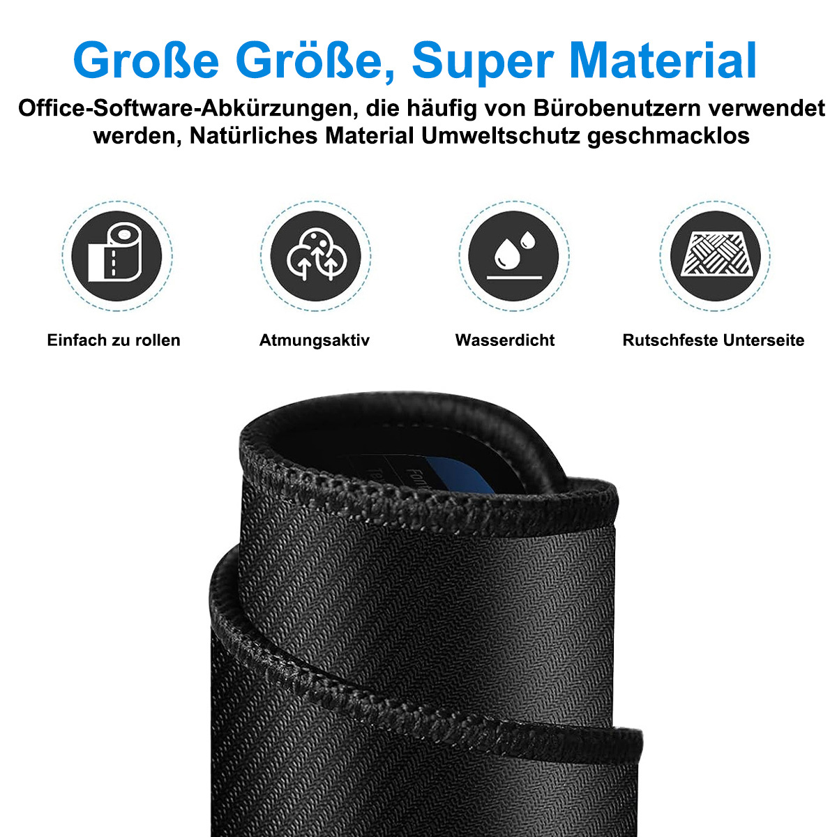 Ein schwarzes Mauspads mit Text. Es hat ein einfaches Design und lässt sich leicht rollen mit rutschfester Unterseite.
