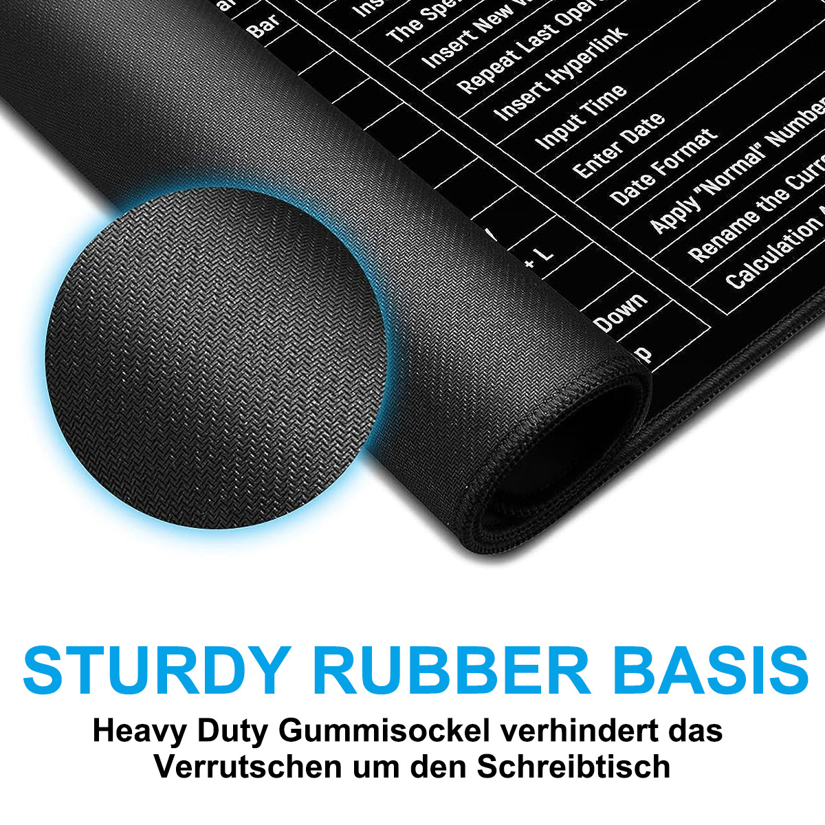 Nahaufnahme eines schwarzen Mauspads mit strukturierter Oberfläche. Der Text lautet: 'Strapazierfähige Gummibasis'.