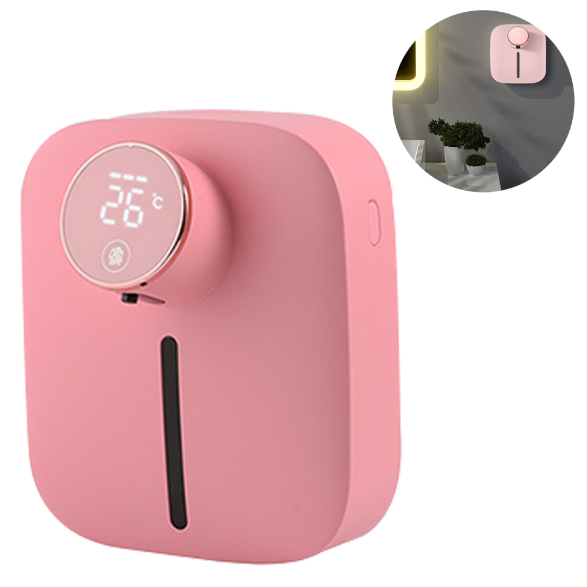 Ein rosa, an der Wand montierter Seifenspender mit Digitalanzeige. Eine kleine Pflanze und ein weiterer Spender im Hintergrund.