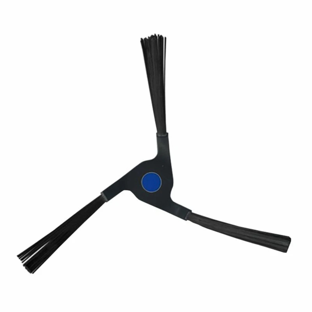 Czarna szczotka do odkurzacza z trzema ramionami i włosiem. Niebieskie kółko pośrodku.
