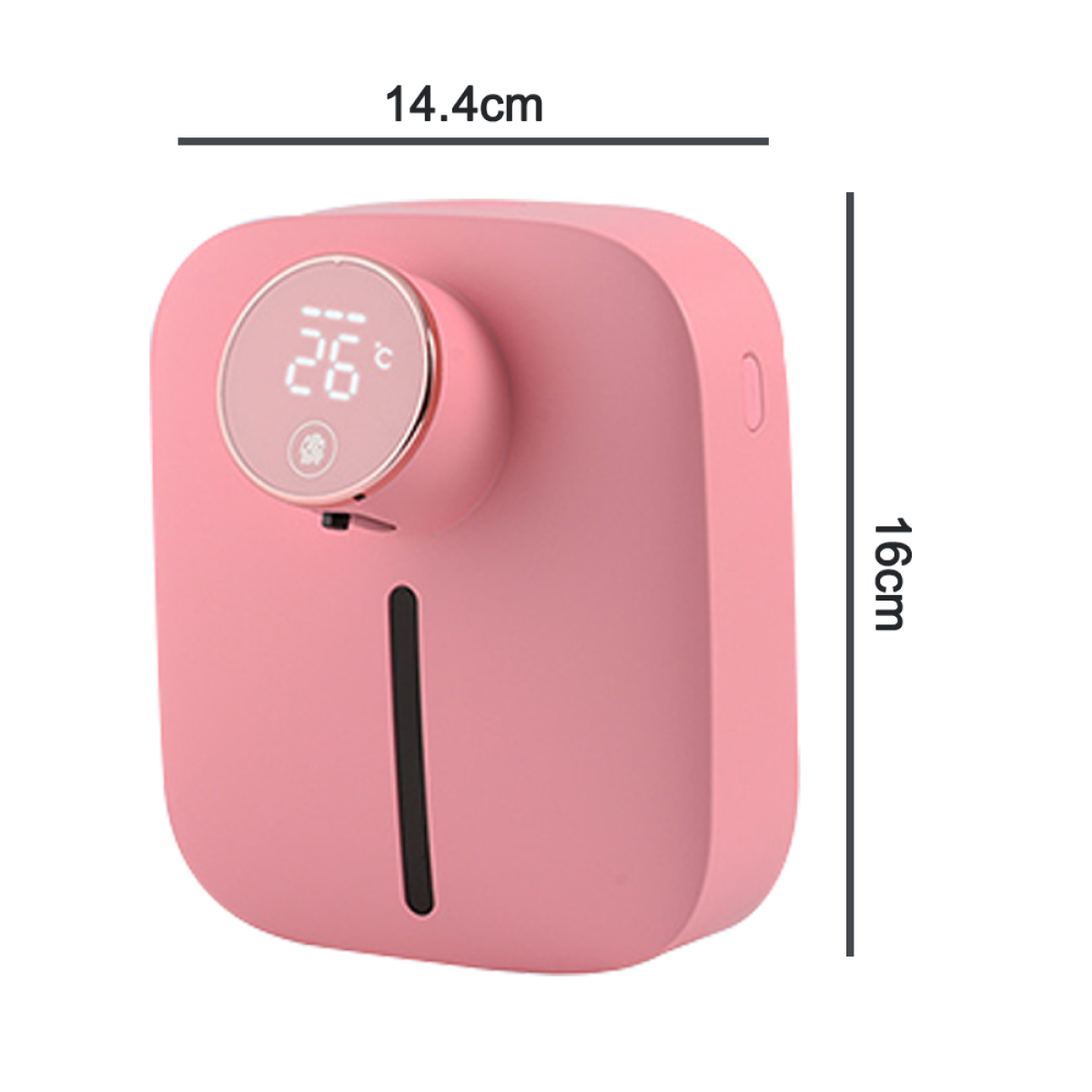 Ein pinkfarbener automatischer Seifenspender mit Digitalanzeige und den Maßen 14,4 cm x 16 cm.