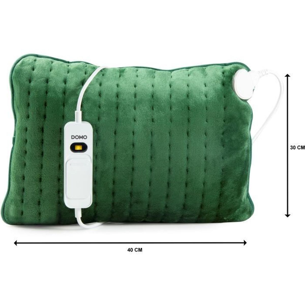 Grünes Heizkissen. Es ist rechteckig mit einem Controller, mit Abmessungen von 40 cm x 30 cm. Ein weißes Kabel ist befestigt.