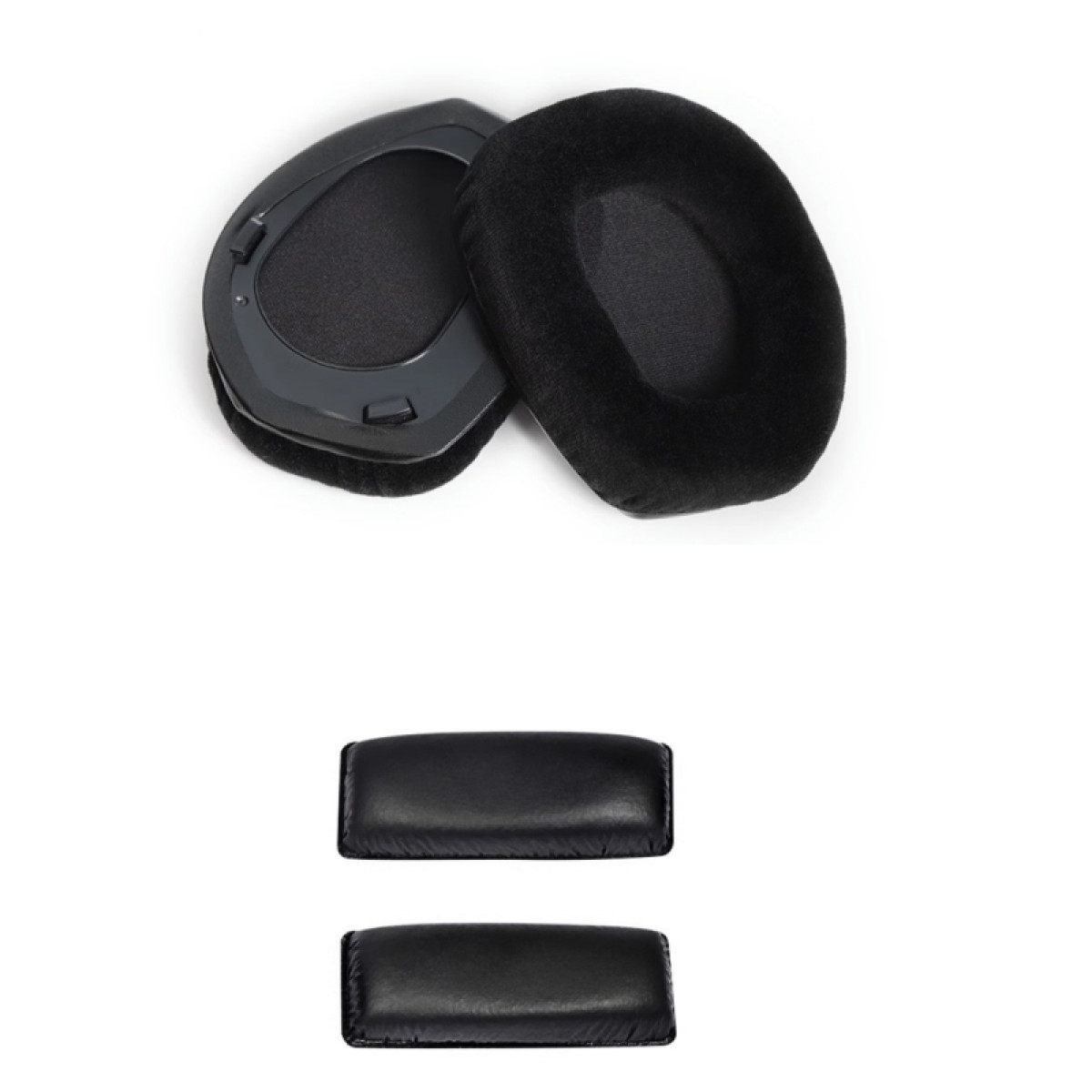Nauszniki i poduszki do słuchawek, czarne, na białym tle.