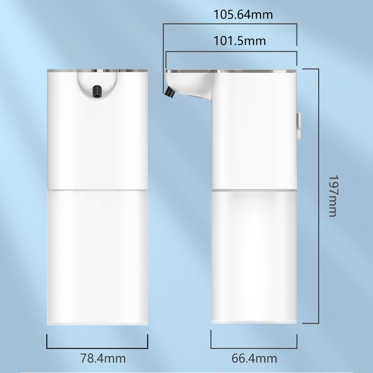 Weißer, automatischer Handseifenspender mit den Maßen: 78,4 mm, 66,4 mm, 197 mm.