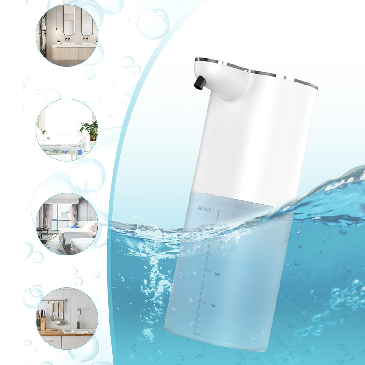 Weißer automatischer Seifenspender mit Wasser und Blasen. Hintergrund zeigt Bad und Küche.