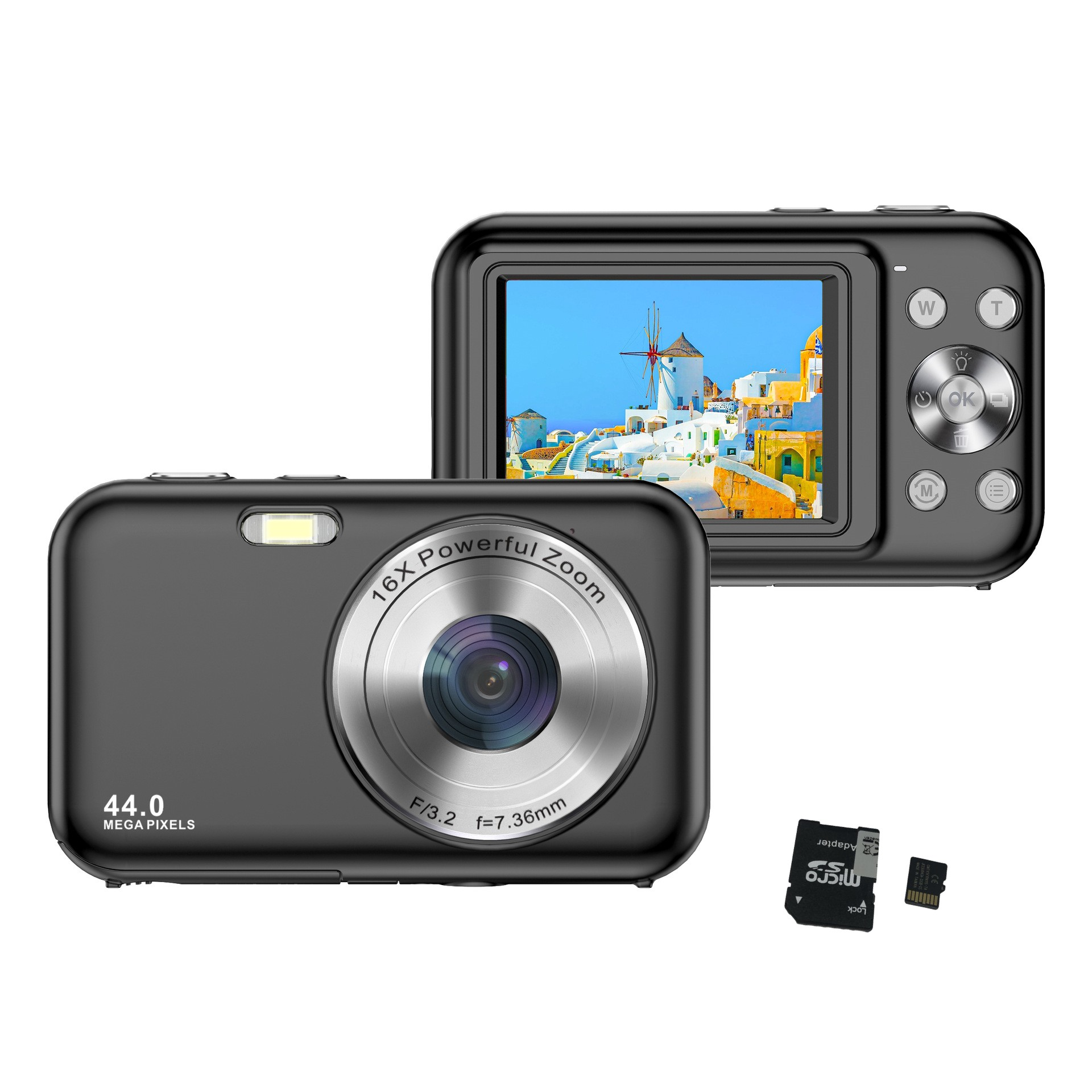 INF Digitalkamera 1080P 44MP Schwarz 16-fach 2,4-Zoll-Display, Zoom Digitalkamera 32-GB-Karte