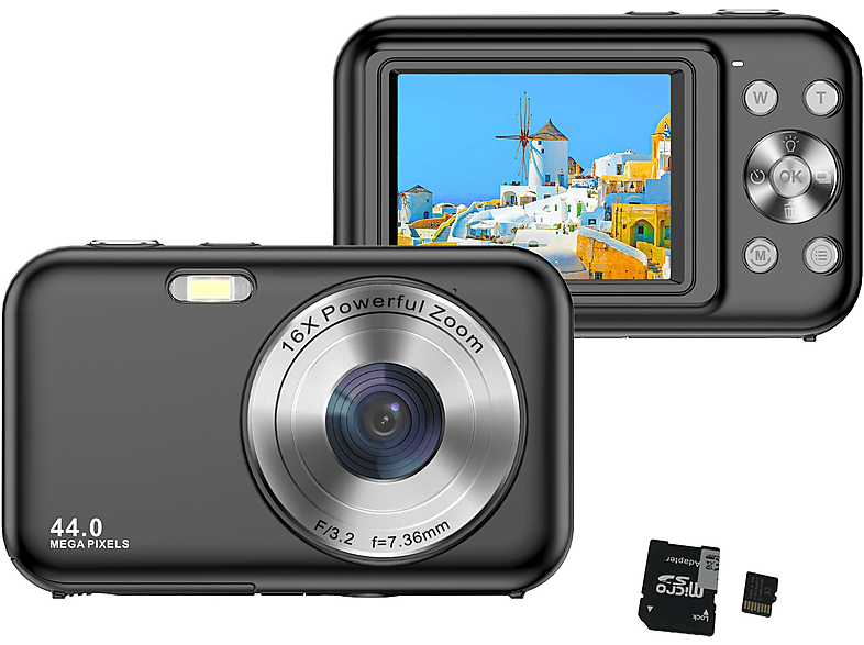 INF Digitalkamera 1080P 44MP 16-fach Zoom 2,4-Zoll-Display, 32-GB-Karte Digitalkamera Schwarz