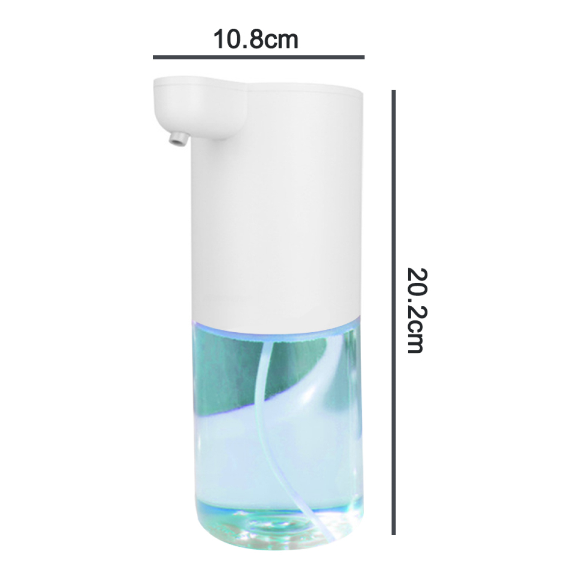 Weißer und blauer automatischer Seifenspender. 20,2 cm hoch, 10,8 cm breit. Flüssigkeit sichtbar.
