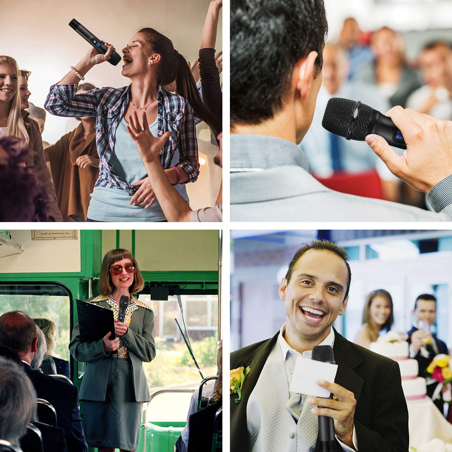 Cztery zdjęcia osób używających mikrofonów. Śpiewanie, prezentowanie i mówienie.
