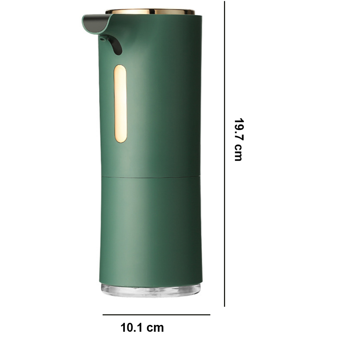 Grüner automatischer Seifenspender mit goldfarbenem Deckel. Maße: 19,7 cm hoch und 10,1 cm breit.