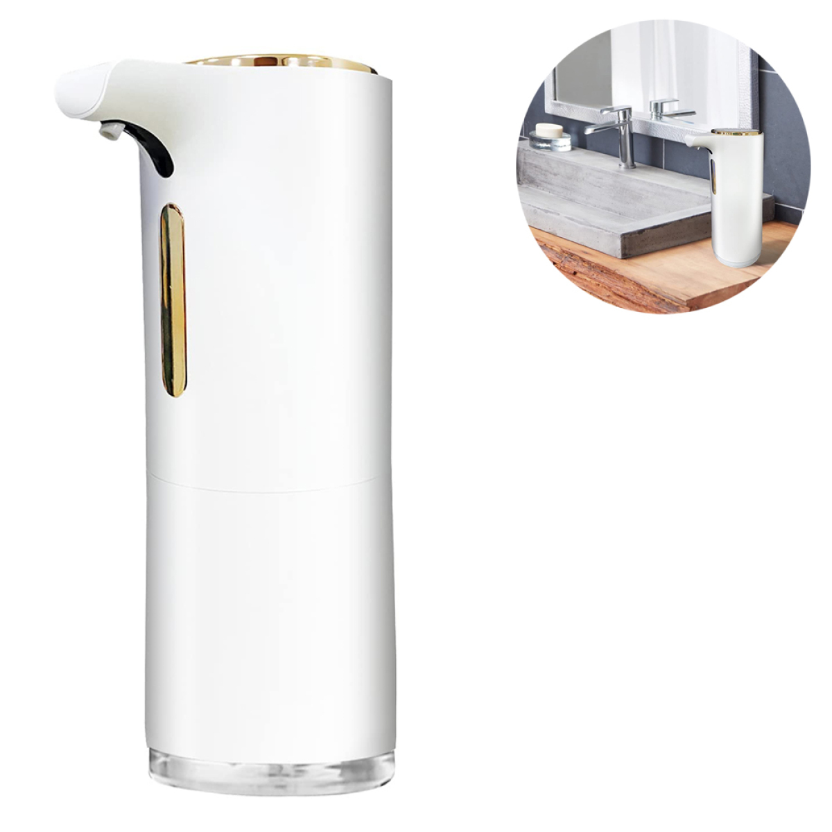 Weißer automatischer Seifenspender. Ein Waschbecken und Spiegel im Hintergrund, mit einem weiteren Spender.